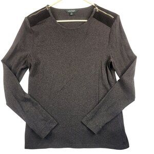 Lauren Ralph Lauren Top Women XL Gray Round Neck ZIpped Shoulders Long Sleeve